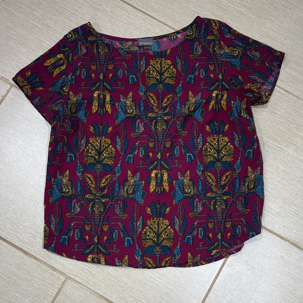 Urban Outfitters Burgundy and Gold Patterned Tee